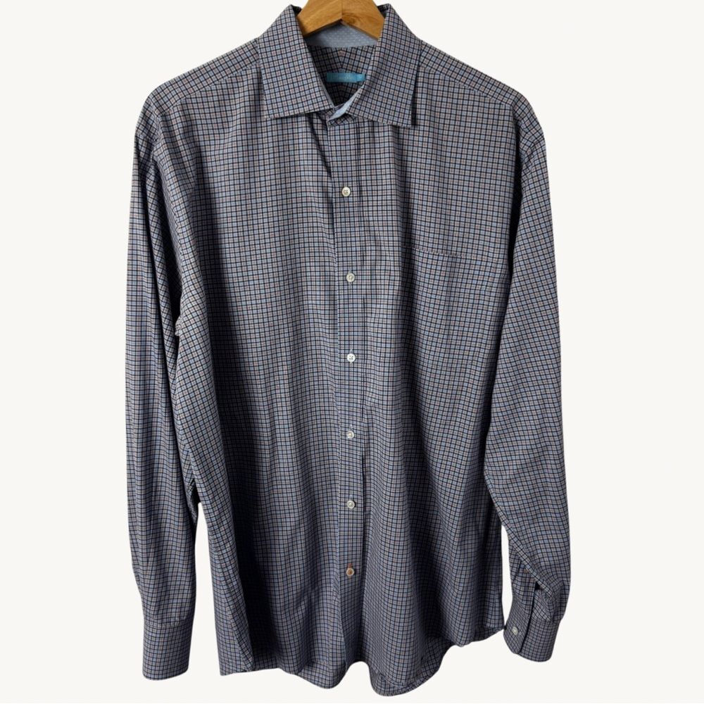 J. McLaughlin Blue and Red Plaid Button Down Shirt 100% Cotton Mens Medium